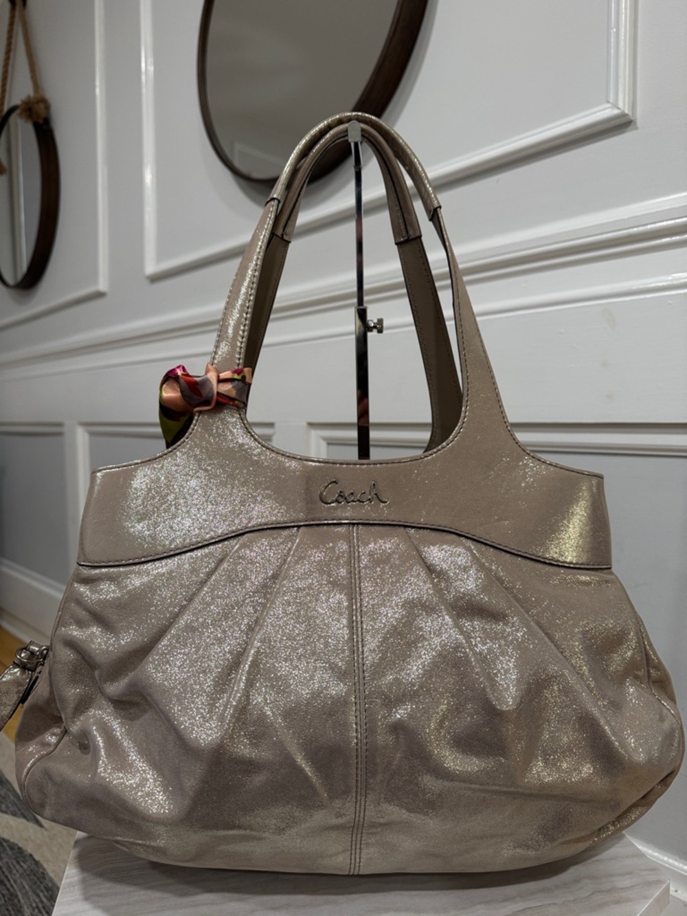 Coach Bag Lexi Metallic Gold Champagne Sparkle Leather Pleated Shoulder Bag - Picture 7 of 17